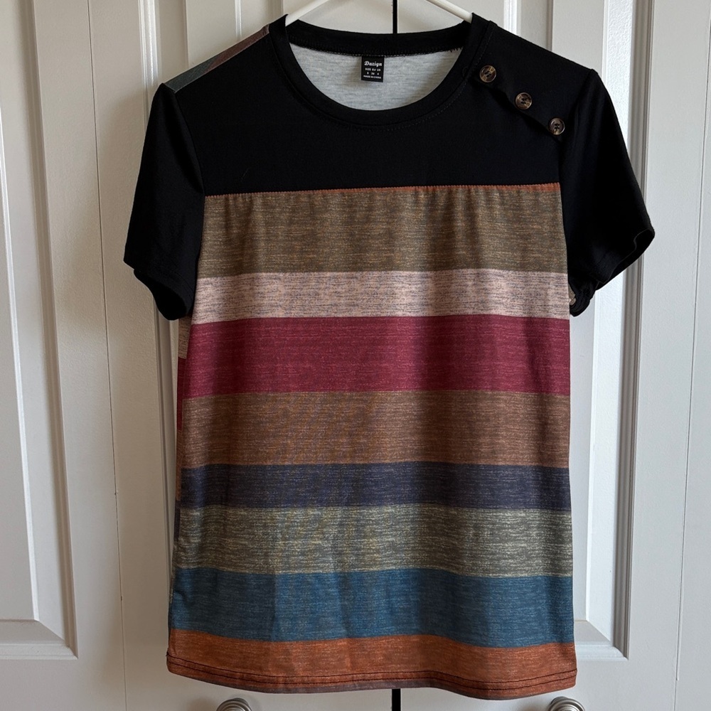 Stylish Multicolor Striped Women's Jersey Top by Dazign with Shoulder Buttons - Picture 2 of 6